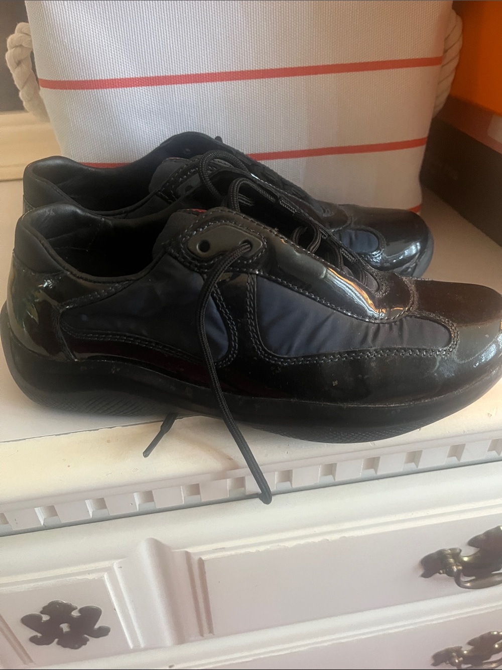 Prada Black Patent and Leather Low-Top Sneakers